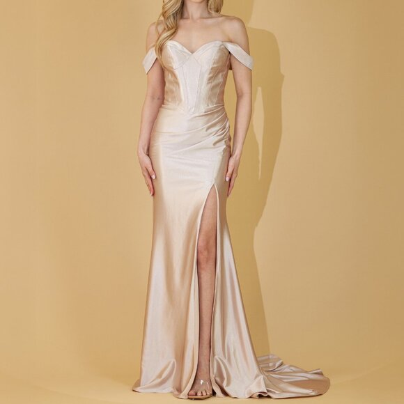 Champagne Off The Shoulder Satin La Femme Formal Dress 8 - Picture 1 of 4